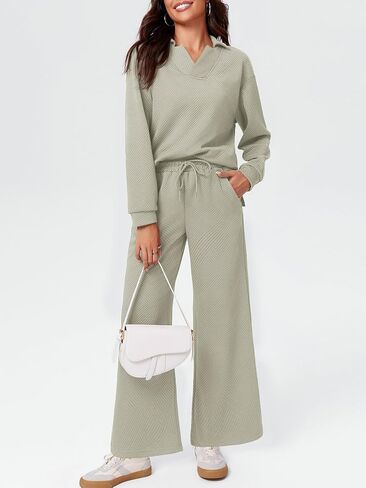 Imily Bela Womens 2 Piece Outfits Sweatsuits Sets V Neck Sweatshirt Wide Leg Sweatpants Casual Textured Tracksuit in Saudi Arabia