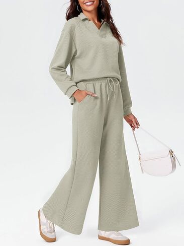 Imily Bela Womens 2 Piece Outfits Sweatsuits Sets V Neck Sweatshirt Wide Leg Sweatpants Casual Textured Tracksuit in Saudi Arabia