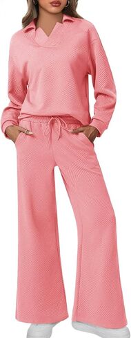 Imily Bela Womens 2 Piece Outfits Sweatsuits Sets V Neck Sweatshirt Wide Leg Sweatpants Casual Textured Tracksuit in Saudi Arabia