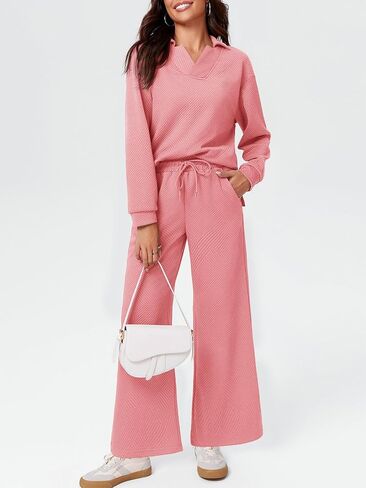 Imily Bela Womens 2 Piece Outfits Sweatsuits Sets V Neck Sweatshirt Wide Leg Sweatpants Casual Textured Tracksuit in Saudi Arabia