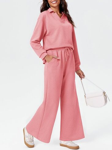 Imily Bela Womens 2 Piece Outfits Sweatsuits Sets V Neck Sweatshirt Wide Leg Sweatpants Casual Textured Tracksuit in Saudi Arabia