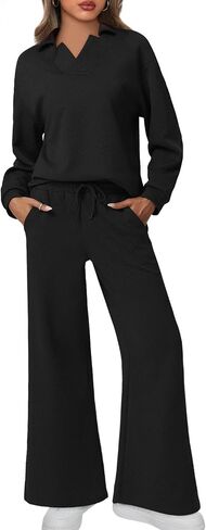Imily Bela Womens 2 Piece Outfits Sweatsuits Sets V Neck Sweatshirt Wide Leg Sweatpants Casual Textured Tracksuit in Saudi Arabia