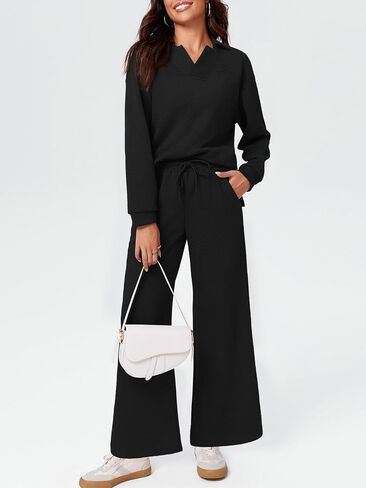 Imily Bela Womens 2 Piece Outfits Sweatsuits Sets V Neck Sweatshirt Wide Leg Sweatpants Casual Textured Tracksuit in Saudi Arabia