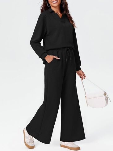 Imily Bela Womens 2 Piece Outfits Sweatsuits Sets V Neck Sweatshirt Wide Leg Sweatpants Casual Textured Tracksuit in Saudi Arabia