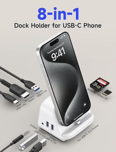 حامل محطة إرساء USB-C من JSAUX لجهاز Samsung Dex، محور متعدد المنافذ 5 في 1 مع حامل هاتف، 4K HDMI، USB 3.0 5 جيجابت في الثانية 60 وات PD متوافق مع Samsung S24/23، Pixel 8/8 Pro، جهاز iPhone 15 Series Type-C in Kuwait