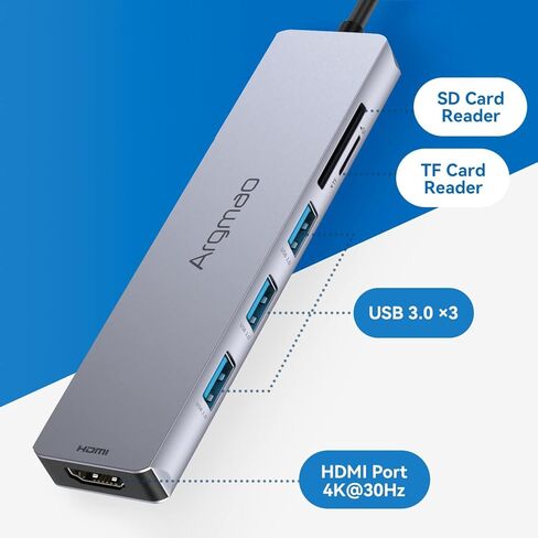 قاعدة توصيل USB C، قاعدة توصيل 6 في 1 مع HDMI 4K@30 هرتز، 3 منافذ USB 3.0، موزع USB C، قارئ بطاقة SD/TF، ​​دونجل محول متعدد المنافذ من النوع C متوافق مع MacBook Air Pro وأجهزة الكمبيوتر المحمول الأخرى من النوع C، رمادي in Kuwait