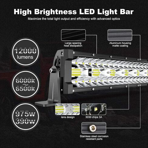 Led Light Bar 52 Inch Curved 975W + 22 Inch 390W Light Bars Triple Row Spot Flood Combo Off Road Lights Kits + 4Pcs 4in 60W Driving Fog Lights W/Wiring Harness Kit for Jeep Trucks Boat Lighting in Saudi Arabia