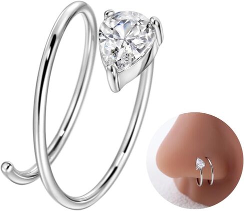 20 Gauge 10mm Thin Double Nose Ring Hoop for Single Piercing, Teardrop Cubic Zirconia Nose Ring Stud, Surgical Steel Silver Spiral Twist Nose Jewelry for Women in Saudi Arabia