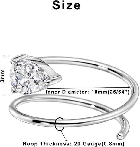 20 Gauge 10mm Thin Double Nose Ring Hoop for Single Piercing, Teardrop Cubic Zirconia Nose Ring Stud, Surgical Steel Silver Spiral Twist Nose Jewelry for Women in Saudi Arabia