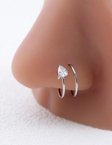 20 Gauge 10mm Thin Double Nose Ring Hoop for Single Piercing, Teardrop Cubic Zirconia Nose Ring Stud, Surgical Steel Silver Spiral Twist Nose Jewelry for Women in Saudi Arabia