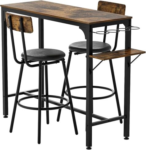 5-Piece Compact Strip Bar Set for 2 Bistro Table with Wine Rack & PU Leather Stools with Backrest Modern Home & Kitchen Decor Ideal for Small Spaces, 47.44"W x 15.75"D x 35.43"H, Antique Brown in Kuwait