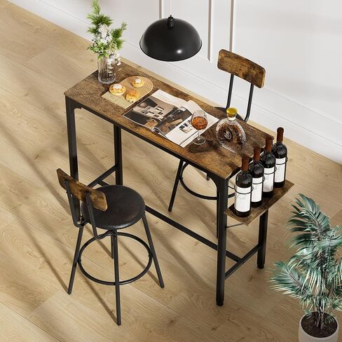 5-Piece Compact Strip Bar Set for 2 Bistro Table with Wine Rack & PU Leather Stools with Backrest Modern Home & Kitchen Decor Ideal for Small Spaces, 47.44"W x 15.75"D x 35.43"H, Antique Brown in Kuwait