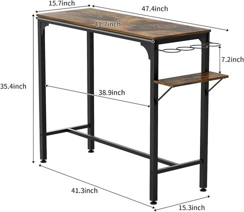 5-Piece Compact Strip Bar Set for 2 Bistro Table with Wine Rack & PU Leather Stools with Backrest Modern Home & Kitchen Decor Ideal for Small Spaces, 47.44"W x 15.75"D x 35.43"H, Antique Brown in Kuwait