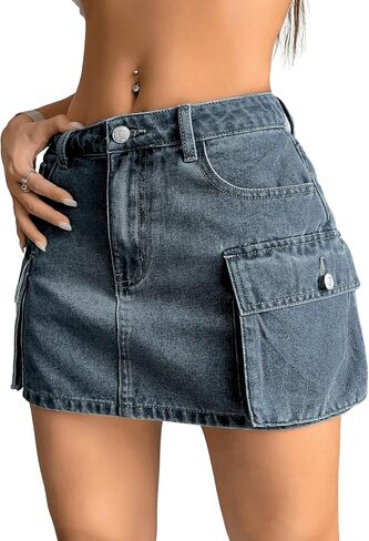 WDIRARA Women's Low Waist Cargo Denim Skirt Flap Pockets Button Bodycon Mini Skirts Y2K in Saudi Arabia