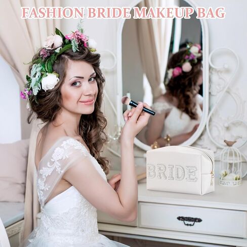 Etercycle Bride Letter Makeup Bag, Bride To Be Gifts Bling Pearl Rhinestone Patch Cosmetic Bag, Waterproof PU Travel Toiletry Bag for Bachelorette Party Women Wedding Bridal (Gold) in Kuwait