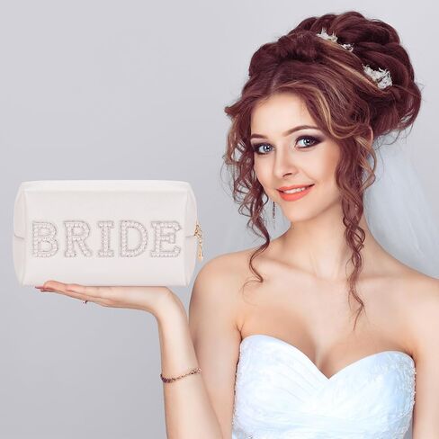 Etercycle Bride Letter Makeup Bag, Bride To Be Gifts Bling Pearl Rhinestone Patch Cosmetic Bag, Waterproof PU Travel Toiletry Bag for Bachelorette Party Women Wedding Bridal (Gold) in Kuwait
