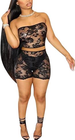Mintsnow Women's See Through Lace 2 Piece Short Outfit Sheer Mesh Sleeveless Tube Top and Bodycon Shorts Sets Outfit Clubwear in Kuwait