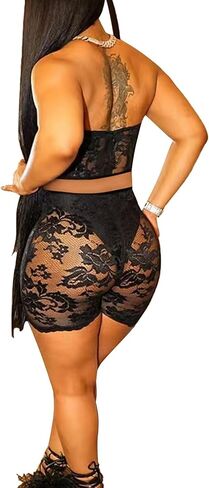 Mintsnow Women's See Through Lace 2 Piece Short Outfit Sheer Mesh Sleeveless Tube Top and Bodycon Shorts Sets Outfit Clubwear in Kuwait