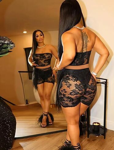 Mintsnow Women's See Through Lace 2 Piece Short Outfit Sheer Mesh Sleeveless Tube Top and Bodycon Shorts Sets Outfit Clubwear in Kuwait