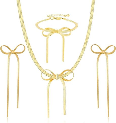 Bow Necklace Bow Dangle Earrings Bracelet Jewelry Set for Women,4PCS Cute Bowknot Choker Necklace Tassel Earrings Bow Bracelet Set Gifts Gold Silver in Saudi Arabia