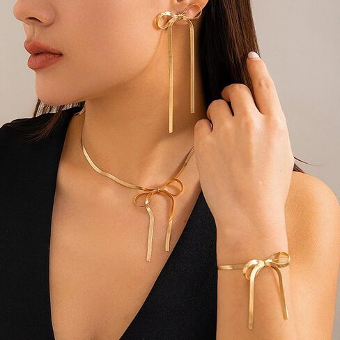 Bow Necklace Bow Dangle Earrings Bracelet Jewelry Set for Women,4PCS Cute Bowknot Choker Necklace Tassel Earrings Bow Bracelet Set Gifts Gold Silver in Saudi Arabia