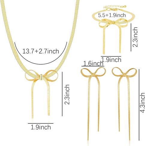 Bow Necklace Bow Dangle Earrings Bracelet Jewelry Set for Women,4PCS Cute Bowknot Choker Necklace Tassel Earrings Bow Bracelet Set Gifts Gold Silver in Saudi Arabia