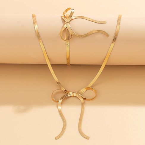 Bow Necklace Bow Dangle Earrings Bracelet Jewelry Set for Women,4PCS Cute Bowknot Choker Necklace Tassel Earrings Bow Bracelet Set Gifts Gold Silver in Saudi Arabia