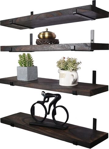 24 Inch Rustic Wood Floating Shelves for Wall Farmhouse Wooden Wall Shelves for Bathroom Kitchen Bedroom Living Room Set of 4 Dark Brown in Saudi Arabia