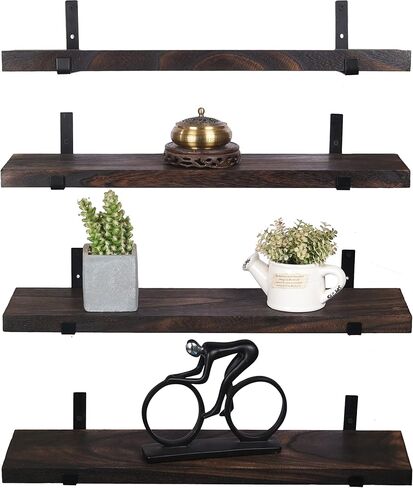24 Inch Rustic Wood Floating Shelves for Wall Farmhouse Wooden Wall Shelves for Bathroom Kitchen Bedroom Living Room Set of 4 Dark Brown in Saudi Arabia