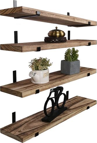 24 Inch Rustic Wood Floating Shelves for Wall Farmhouse Wooden Wall Shelves for Bathroom Kitchen Bedroom Living Room Set of 4 Dark Brown in Saudi Arabia