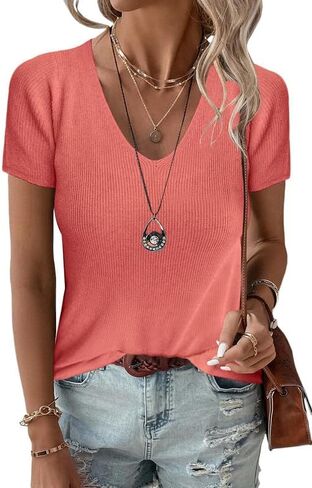 Allimy Womens Short Sleeve Knit Sweater Tops Summer Tops 2024 Clothes Trendy T Shirts in Saudi Arabia