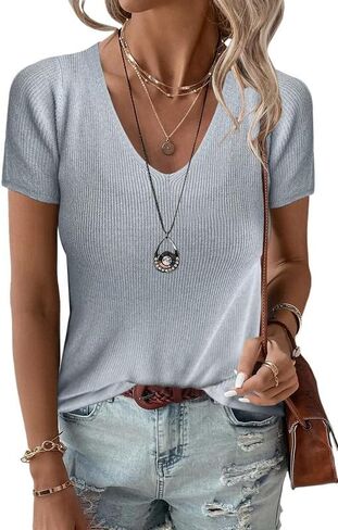 Allimy Womens Short Sleeve Knit Sweater Tops Summer Tops 2024 Clothes Trendy T Shirts in Saudi Arabia