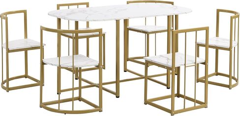 طقم طاولة مطبخ حديث مكون من 7 قطع من الرخام الصناعي مقاس 55 بوصة لـ 6 أشخاص، ذهبي + أبيض in Kuwait