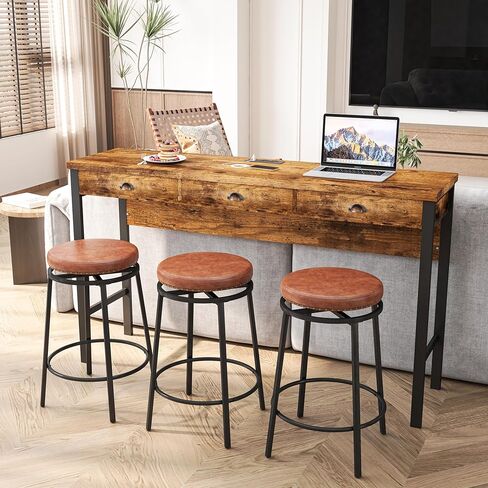 منافذ طاقة طويلة لتناول الطعام بثلاثة أدراج، طقم طاولة مطبخ بار مع مقاعد دائرية من البولي يوريثان، سهلة التجميع، بني in Kuwait