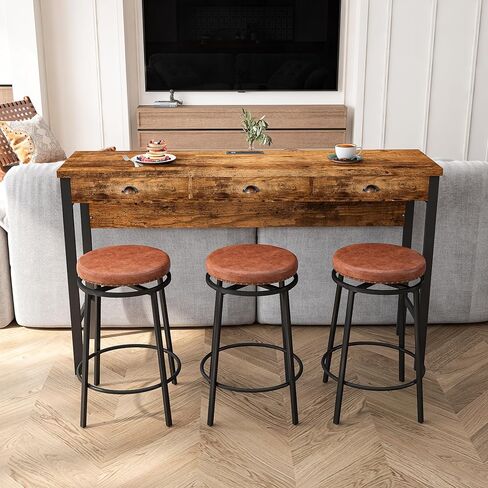 منافذ طاقة طويلة لتناول الطعام بثلاثة أدراج، طقم طاولة مطبخ بار مع مقاعد دائرية من البولي يوريثان، سهلة التجميع، بني in Kuwait