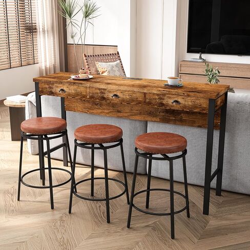 منافذ طاقة طويلة لتناول الطعام بثلاثة أدراج، طقم طاولة مطبخ بار مع مقاعد دائرية من البولي يوريثان، سهلة التجميع، بني in Kuwait