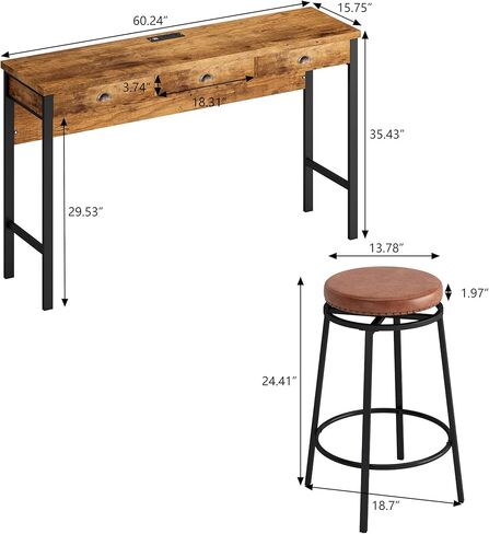 منافذ طاقة طويلة لتناول الطعام بثلاثة أدراج، طقم طاولة مطبخ بار مع مقاعد دائرية من البولي يوريثان، سهلة التجميع، بني in Kuwait