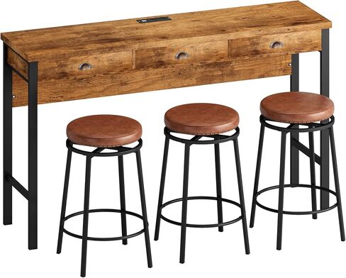 منافذ طاقة طويلة لتناول الطعام بثلاثة أدراج، طقم طاولة مطبخ بار مع مقاعد دائرية من البولي يوريثان، سهلة التجميع، بني in Kuwait