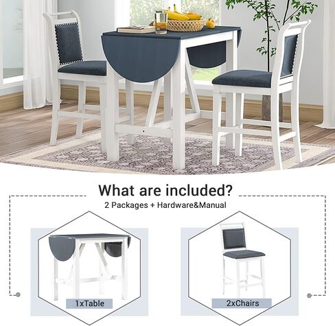 طقم طاولات خشبية مكون من 3 قطع مع كرسيين منجدين لتناول الطعام في الأماكن الصغيرة، أبيض + رمادي in Kuwait
