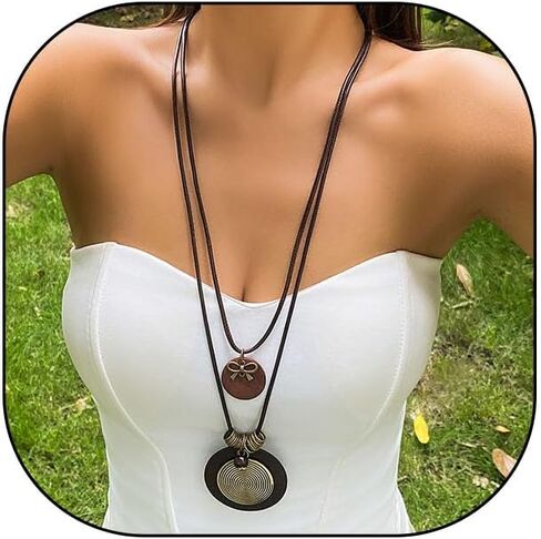 Boho Leather Cord Pendant Necklaces Multilayer Wooden Pendant Long Sweater choker for Women Men Vintage Adjustable Wood Disc Necklace Jewelry Gift in Saudi Arabia