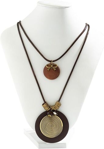 Boho Leather Cord Pendant Necklaces Multilayer Wooden Pendant Long Sweater choker for Women Men Vintage Adjustable Wood Disc Necklace Jewelry Gift in Saudi Arabia