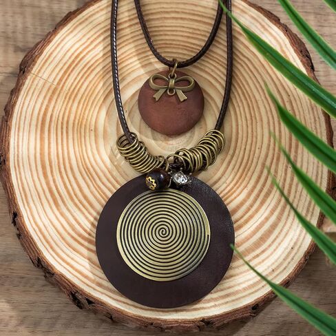 Boho Leather Cord Pendant Necklaces Multilayer Wooden Pendant Long Sweater choker for Women Men Vintage Adjustable Wood Disc Necklace Jewelry Gift in Saudi Arabia