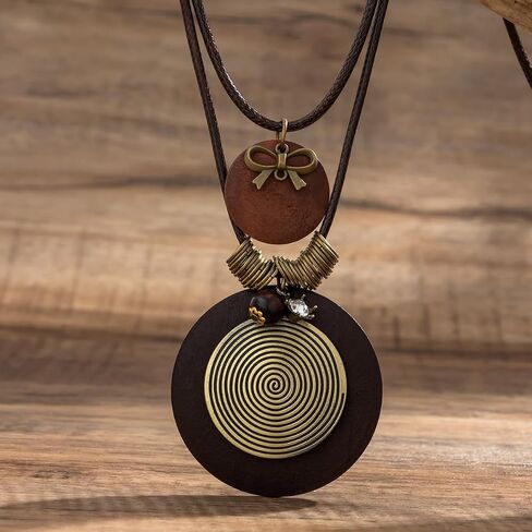 Boho Leather Cord Pendant Necklaces Multilayer Wooden Pendant Long Sweater choker for Women Men Vintage Adjustable Wood Disc Necklace Jewelry Gift in Saudi Arabia