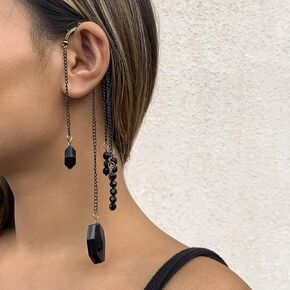 Missgrace 1 Pair Black Crystals Tassel Ear Cuffs Fairy Earrings Black No Piercing Wing Cuff Wrap Earrings Prom Holiday Halloween Jewelry Gift Ear Clip Earrings for Women