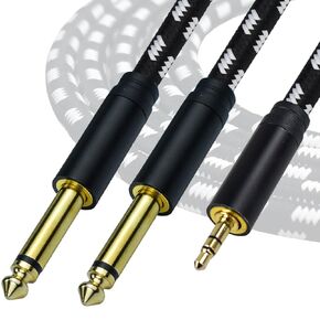 1/8 to Dual 1/4 Stereo Cable, 3.5mm Mini TRS to Dual Quarter Inch TS Y Splitter Cord, Heavy Duty Nylon Braided, for Mixer, Studio Monitor, Keyboard and Computer Recording-10Feet
