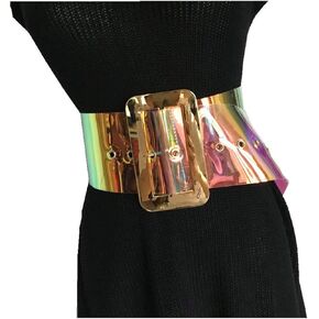 Women Fashion iridescent Clear Belt Transparent PVC chunk Waist Belt Waistband Cinch Dress Belt 3.5" wide