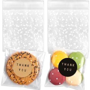 Zezzxu 400 Pack Self Adhesive Cookie Bags, Clear Plastic Cellophane Bags with Thank You Stickers, Treat Bags for Candy Pastry Packaging Party Favor Gift Giving (White Polka Dots, 4 x 4 Inches)