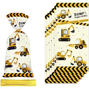 CSTYWC 50 PCS Construction Theme Cellophane Bags Construction Goodie Favor Bags Truck Candy Treat Bags Gift Bags with 50 PCS Twist Ties for Kids Boys Party Supplies Decorations