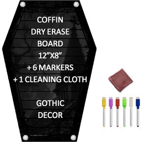 MATIHAY Mini Coffin Dry Erase Board, Magnetic Acrylic Planning Noteboard for Fridge Blackboard Bucket List Planner, Gothic Halloween Decor Spooky Gifts, 6 Colors Markers (Black, 12"x8")