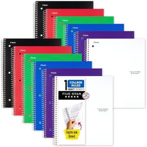Five Star Spiral Notebooks + Study App, 12 Pack, 1 Subject, College Ruled Paper, 8-1/2" x 11", 100 Sheets, 2 Black, 2 Red, 2 Blue, 2 Green, 2 White, 2 Purple (52164)